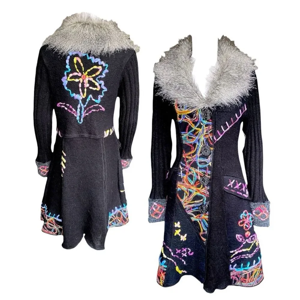 vintage whimsigoth embroidered fur cardigan